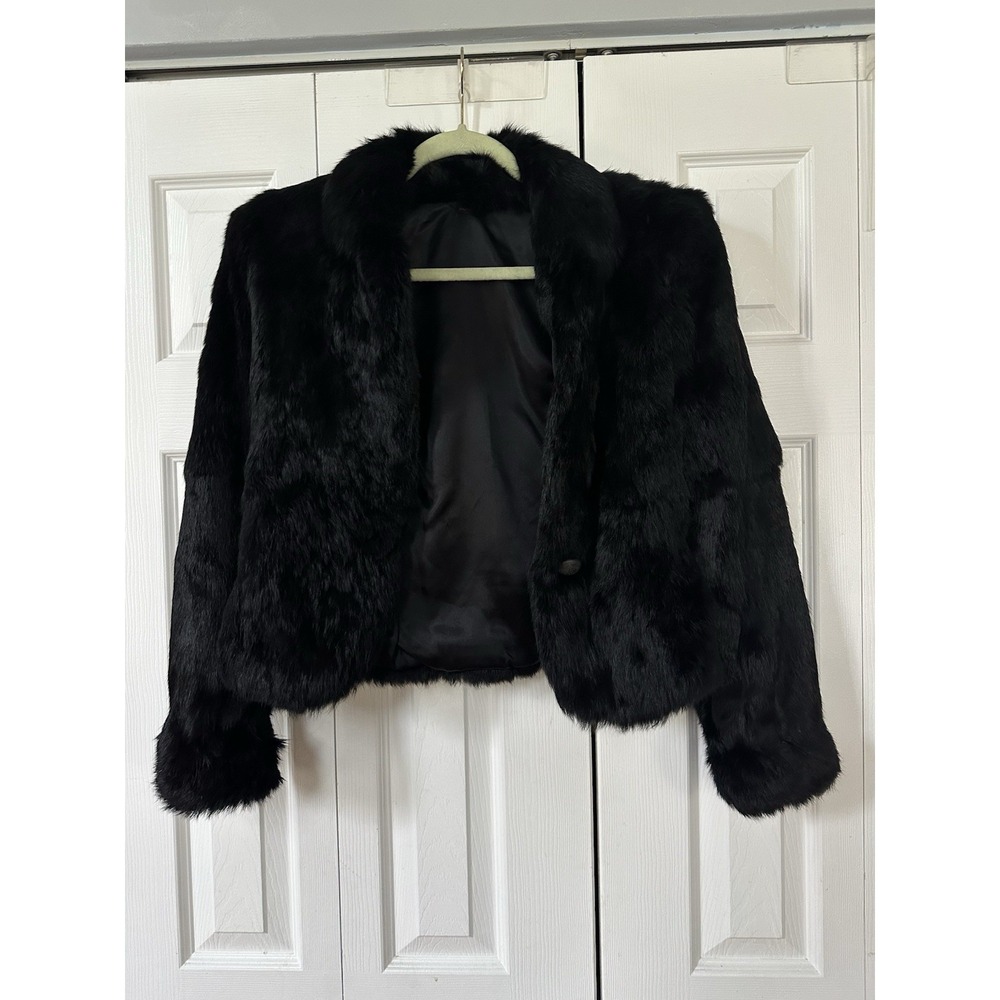 Genuine Rabbit Fur Jacket Womens S Black Cropped Vintage Style Japan